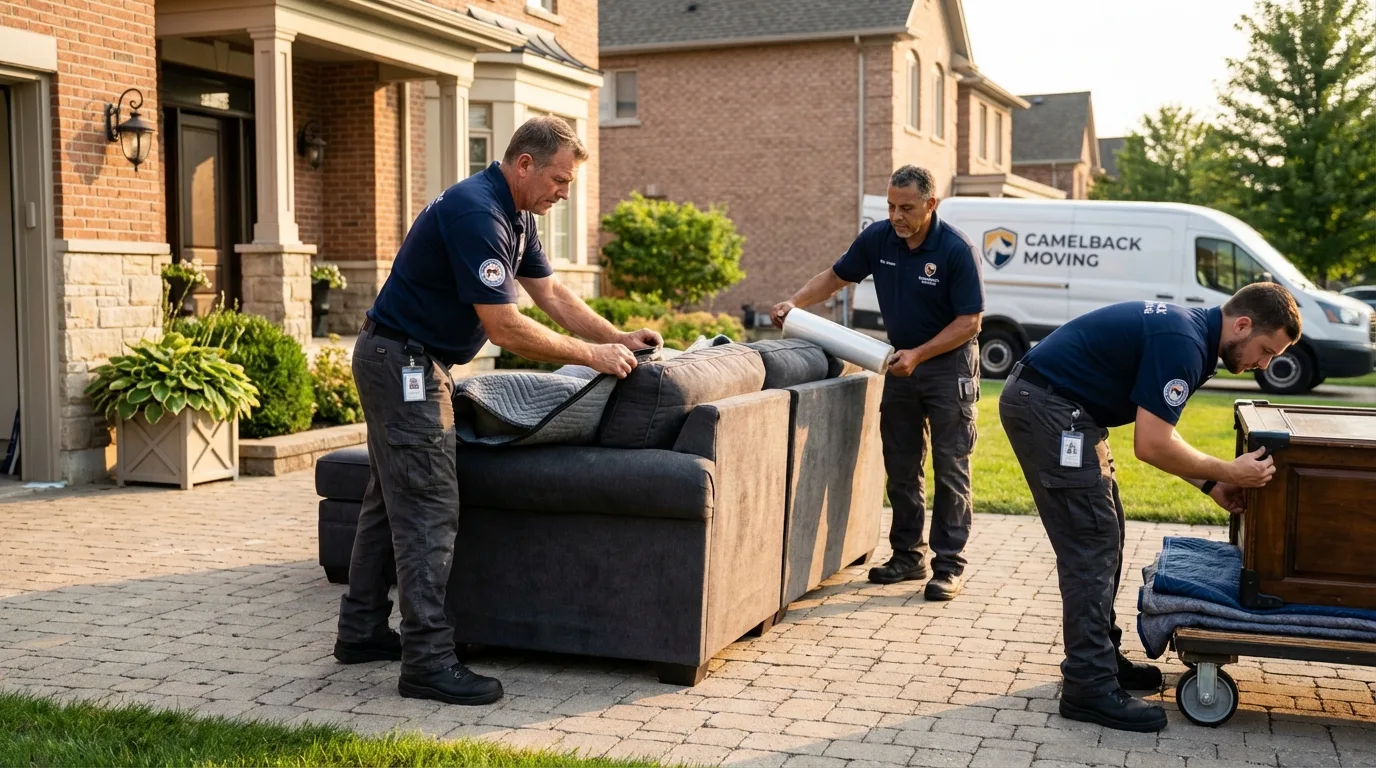 Large estate moving crew wrapping furniture in West Barnstable, MA