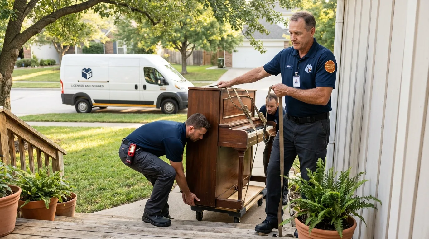 Licensed piano movers securing grand piano in West Barnstable, MA