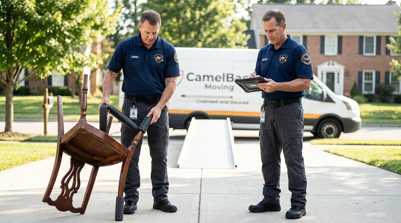 Movers inspecting furniture for damage prevention before loading in West Barnstable, MA