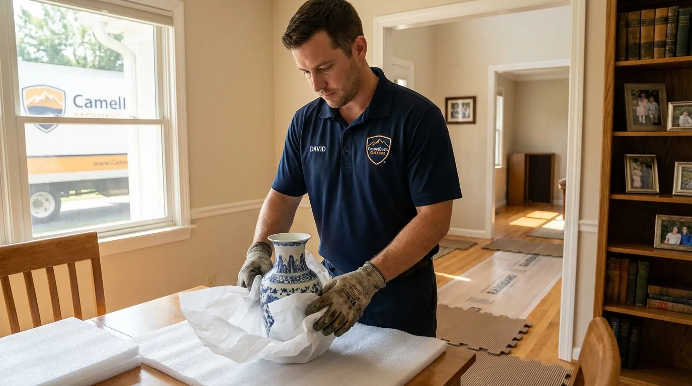 Professional crew carefully wrapping antique vase for senior downsizing move in West Barnstable, MA