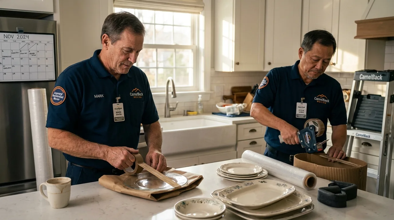 Professional crew packing kitchen dishware in West Barnstable, MA